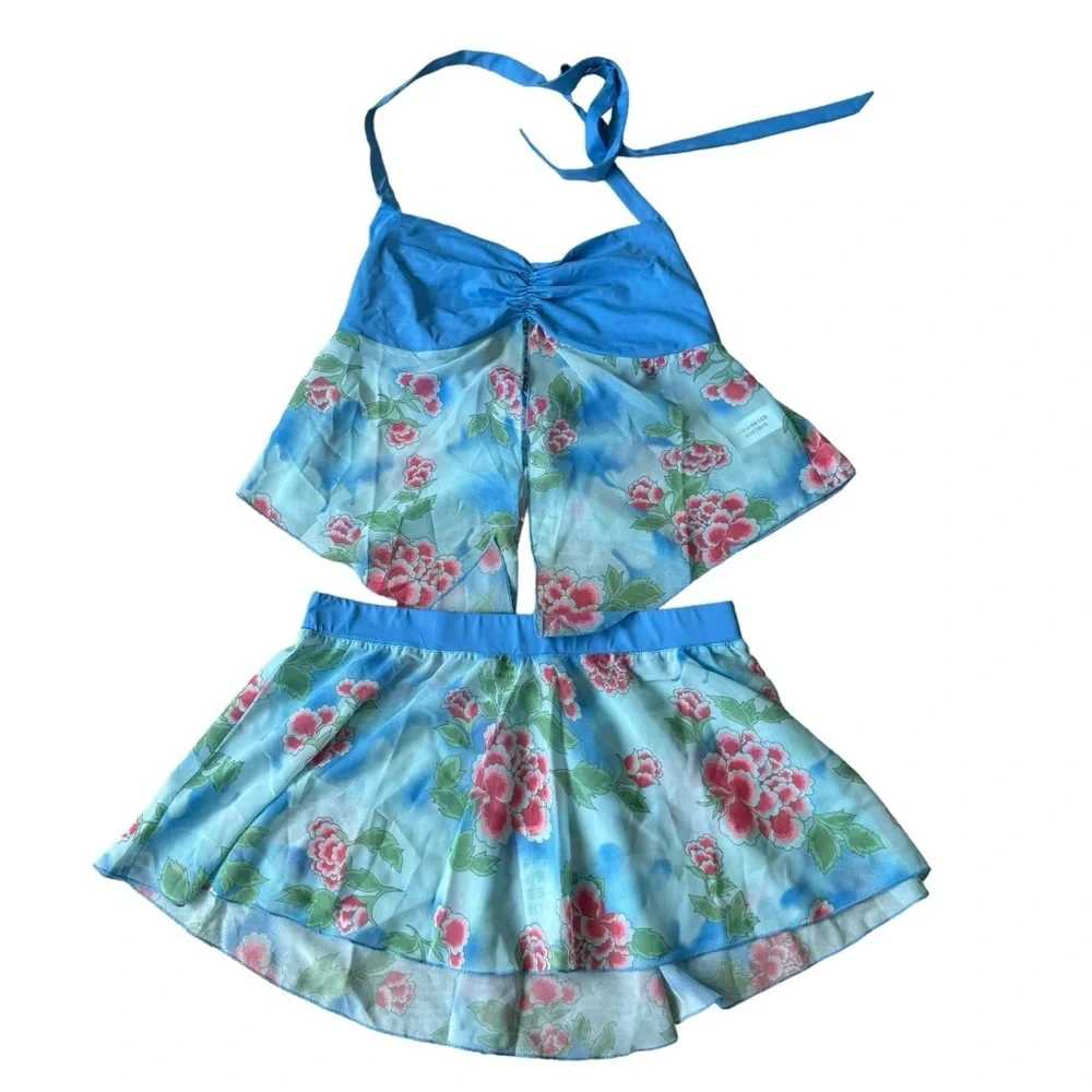 NWT Frankie’s Bikinis Luna Floral Halter Top & Mini Skirt Coverup large